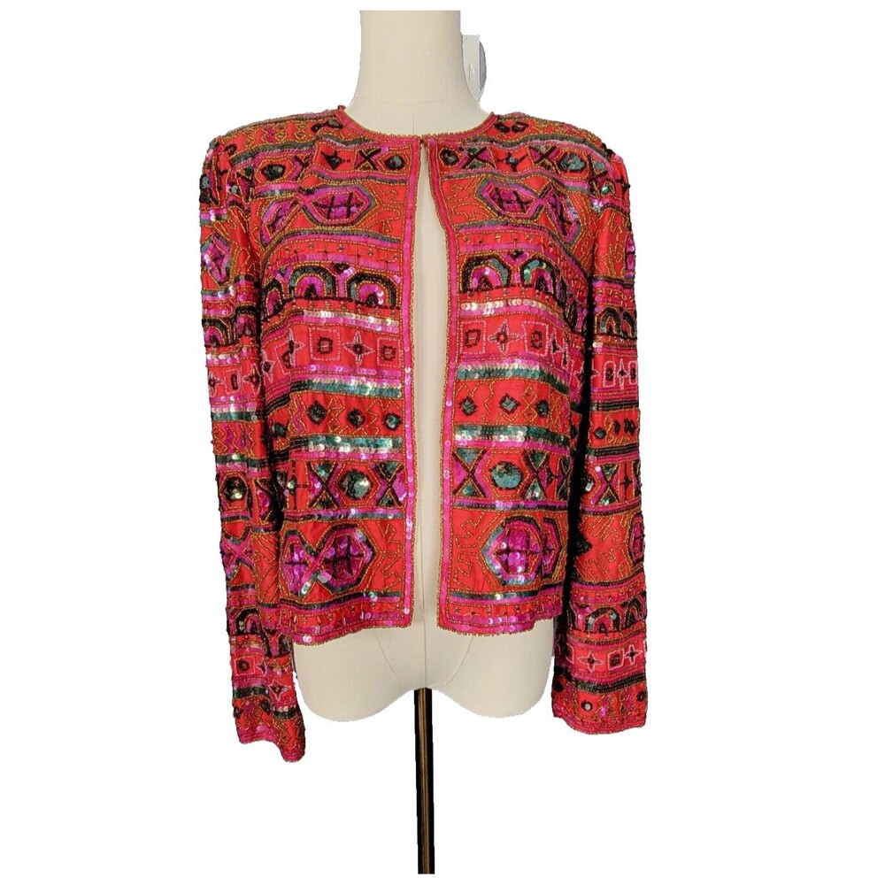 Vintage Nipon Night Jacket Sz M Red Black Sequin Silk Lined Beaded 80s 90s